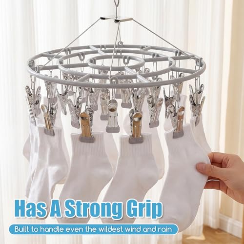 2PCS Drying Rack Clothing with 24 Clips, Metal Round Sock Hanger for Drying Hanging Clothes Dryer Underwear Hangers Racks Lingerie Bra Baby Delicates Foldable Small Indoor Laundry Dryer