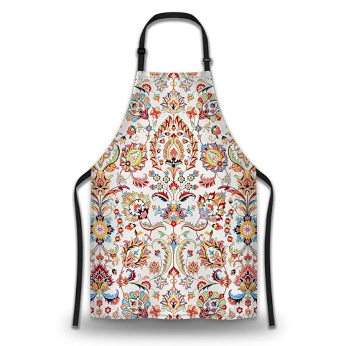 Chef Works Apron Women Geometric Floral Pattern Funny Aprons for Men for Kitchen Cooking Restaurant BBQ Painting Crafting Gardening 27” (W) x 31” (H), Waterproof Aprons - color: Geometric Floral Pattern