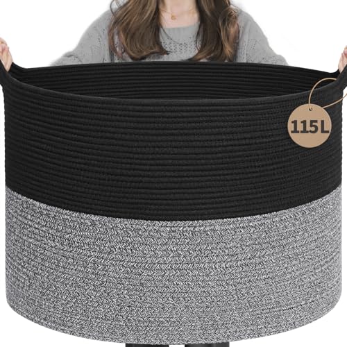 INDRESSME 115L Extra Large Woven Rope Blanket Basket Living Room Black Grey - color: Black & Grey, size: 23.6"D x 15.7"H
