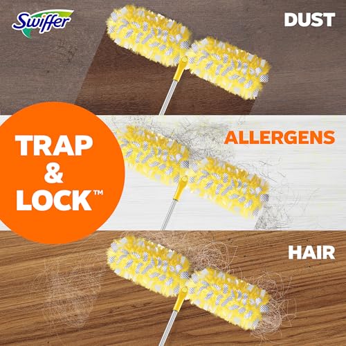 Swiffer Duster Kit with 6 ft Super Extendable Handle, Heavy Duty Starter Kit, Microfiber, White, with 8 Refills