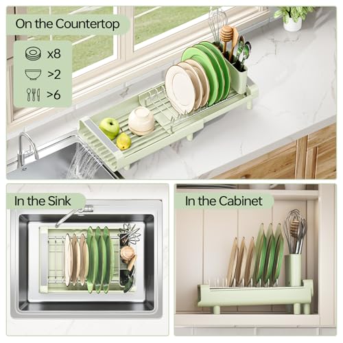 TOOLF Small Dish Drying Rack, Expandable and Space-Saving, Grayish Green - color: Soft Celery Green