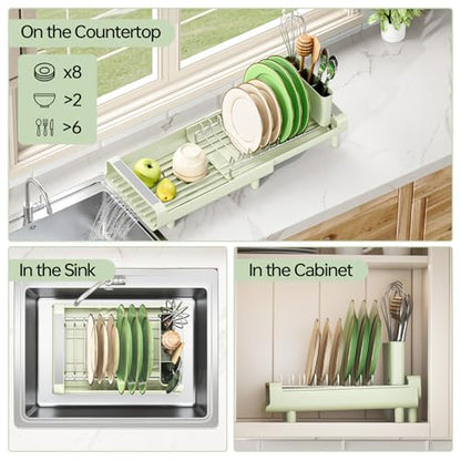 TOOLF Small Dish Drying Rack, Expandable and Space-Saving, Grayish Green - color: Soft Celery Green