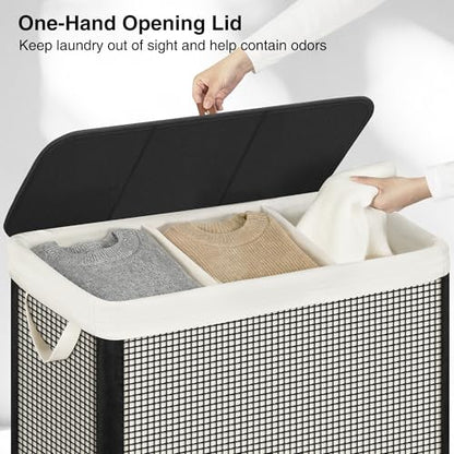 STO STO 3 Section Laundry Hamper with Lid, 180L Steel-Frame 3 Compartment Laundry Sorter with Removable Washable Liner, Breathable Large Laundry Basket for Bedroom, Bathroom, Laundry Room, Dorm - size: 3-Section