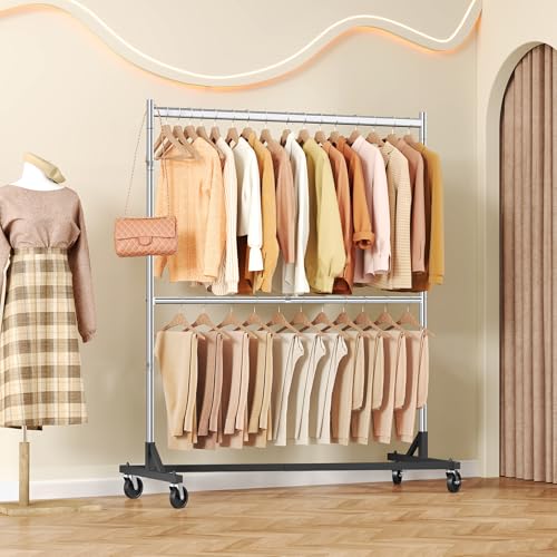 Hoctieon Double Rod Z Rack,Rolling Clothes Racks with Z-Base, Adjustable Clothing Rack, Standing Clothes Rack, Metal Clothing Racks for Hanging Clothes, Portable Garment Rack,Set of 2,Chrome - color: Chrome (2 Pack)