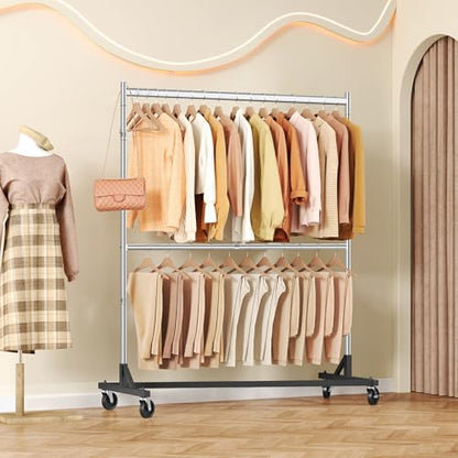 Hoctieon Double Rod Z Rack,Rolling Clothes Racks with Z-Base, Adjustable Clothing Rack, Standing Clothes Rack, Metal Clothing Racks for Hanging Clothes, Portable Garment Rack,Set of 2,Chrome - color: Chrome (2 Pack)