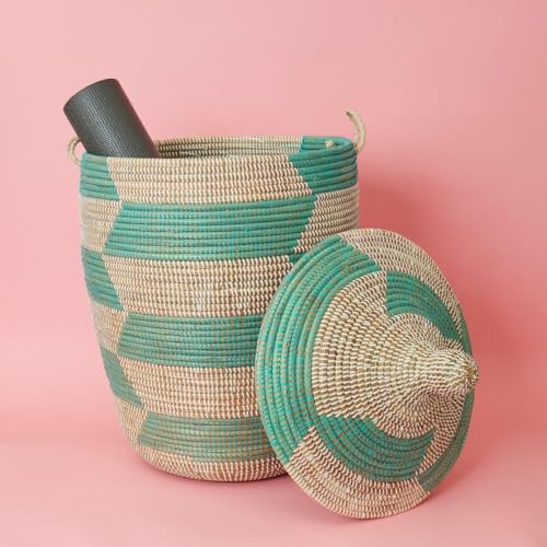 Tall Hamper with Lid for Laundry and Storage, Round Turquoise Blue Wicker Basket, 18" Wide x 23" Tall - color: Turquoise Blue White
