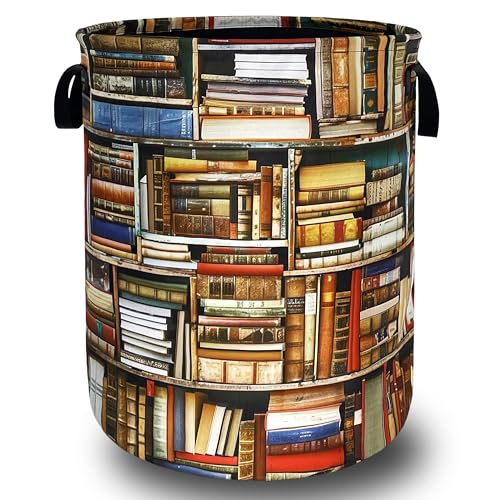 Retro Bookshelf Laundry Basket Oxford Cloth Hamper 18.9"x16.5" - color: Vintage Bookshelf Wooden Pattern