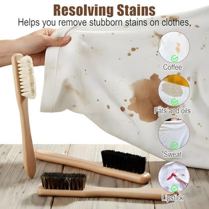 3 Pcs Laundry Stain Brush, Wood Laundry Stain Brush with Boar Bristle for Scrubbing Stains from Cloth Fabric Leather and Household
