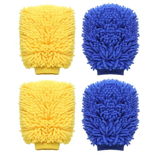 HARFINGTON 4pcs Chenille Microfiber Car Wash Mitts 9" x 5.5" Scratch Free Wash Gloves Absorbent Double Sided Plush Cleaning Drying Mitts for Car Washing Home Clean Blue Yellow - color: Blue Yellow