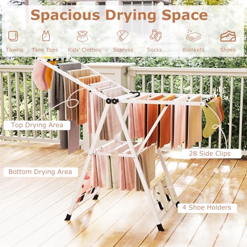 GIANTEX Foldable Metal Clothes Drying Rack, 55.5" Height Adjustable Wings - color: White, size: 55.5"L x 39"-58"H