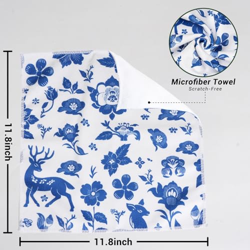 YUA Microfiber Cleaning Cloth 12 Pack,Microfiber Towels Cleaning,Microfiber Towels for Cars,Absorbent Dish Washing Cloth,Reusable Cleaning Cloths Lint Free (Blue Floral Deer) - style: Blue Floral Deer