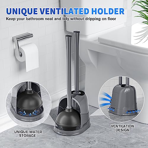 Toilet Plunger and Brush, Silicone Bowl Brush and Heavy Duty Toilet Plunger Set with Ventilated Holder, 2-in-1 Toilet Brush and Plunger Combo for 5.3-inch Bathroom Cleaning (Gray, 1 Set) - color: Gray