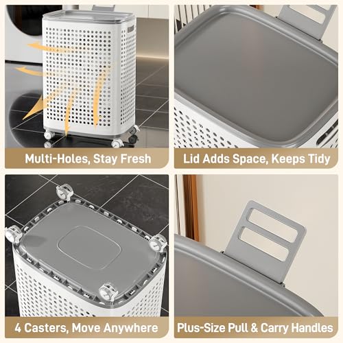 Rolling Plastic Laundry Basket with Lid, Ventilated, White (2-Pack, Large) - size: Large (2-Pack)