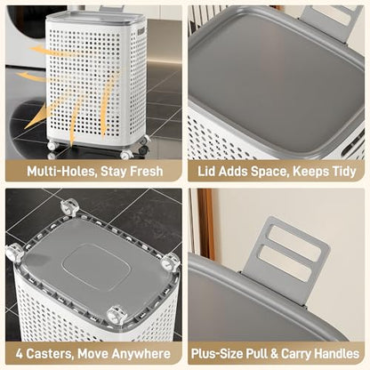 Rolling Plastic Laundry Basket with Lid, Ventilated, White (2-Pack, Large) - size: Large (2-Pack)