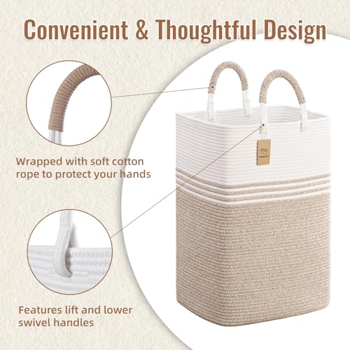 Laundry Basket Hamper,Blanket Storage,Dirty Clothes Hamper with Swivel Handles,Woven Cotton Rope Toy Baskets,Blanket Basket Living Room,Decorative Hampers for Nursery,Bedroom,White & Linen,80L - color: White & Linen, size: 80L