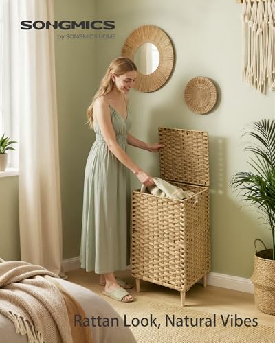 SONGMICS Laundry Hamper with Lid, PE Rattan, 25 Gallons (95 L) - color: Goose Yellow, size: 95 L (1 Basket）