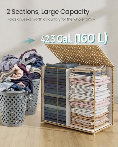 SONGMICS Laundry Hamper with Lid, 43.2Gal (160 L) Synthetic Rattan,Foldable - color: Goose Yellow, size: 160 L
