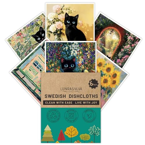 Swedish Dishcloths for Kitchen 6 Pack, Reusable Paper Towels Super Absorbent, Biodegradable Quick Drying Washable Dish Cloths Dishwasher Safe, Cleaning Cloths with WaterColor Design (Black Cat) - color: Blackcat Theme