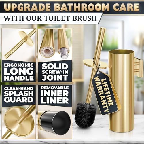 2 Pcs Wall-Mounted Stainless Steel Toilet Brush and Holder Set (Gold) - color: Gold