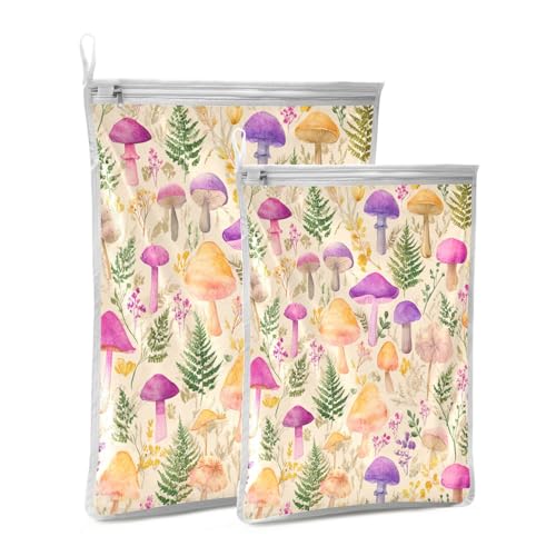 Mesh Laundry Bags Lingerie Bags for Washing Delicates 2 PCS Durable Wash Bag with Zipper Small and Medium Washable Mushroom Colorful Pattern - color: Mushroom Leaves Pink Green