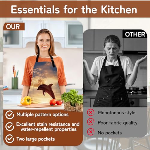 Cooking Aprons for Men and Women,Adjustable Bib Chef Apron with 2 Pockets, Soft and Durability Kitchen Apron - color: Dolphins Sunset