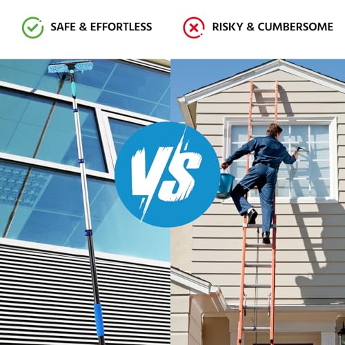 23FT High Reach Window Squeegee & Cobweb Duster with Extension Pole, 2 in 1 Squeegee for Window Cleaning with Lightweight 4-16.5 ft Telescoping Pole, Spider Web Brush with Pole for Outdoor Indoor Car - color: Blue