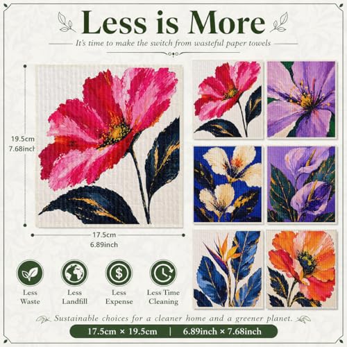 Shwing Swedish Dishcloths 6 Pack Reusable Paper Towels Floral Flower Design Kitchen Towels Dish Cloths for Washing Dishes Dish Towels for Kitchen Washable Quick Drying Super Absorbent Cleaning Cloths - color: Floral