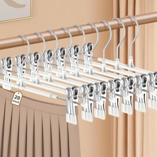 POZEAN Pants Hangers with Clips for Women, Adjustable Heavy Duty Skirt Hangers, Space Saving Non-Slip Shorts Jeans Trousers Clothes Hangers (White, 20Pack) - color: White, size: 20Pack