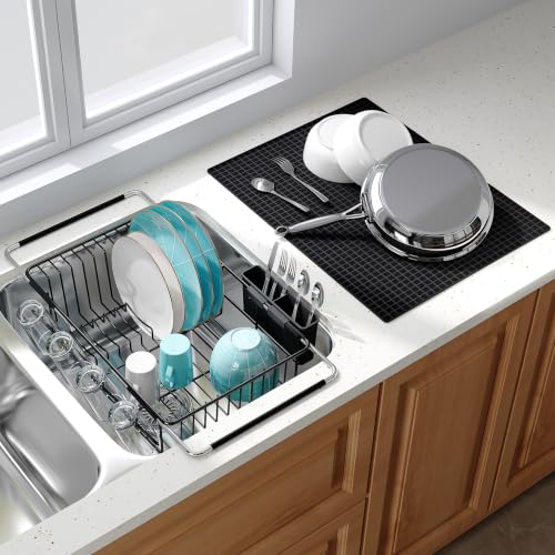 JASIWAY Black Dish Drying Rack in Sink with Mat, Cups and Utensil Holder - color: Black, size: For 12"-30"w Sink, with Mat