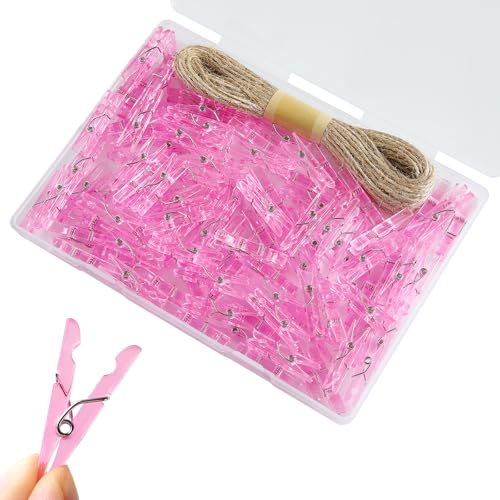 100 Pcs Pink Clothes Pins 1.4 Inch Mini Plastic Clothespins with 33 Ft Jute Twine Small Tiny Clips for Baby Shower Photos Christmas Cards DIY Crafts Party Decorations - color: Pastel Pink