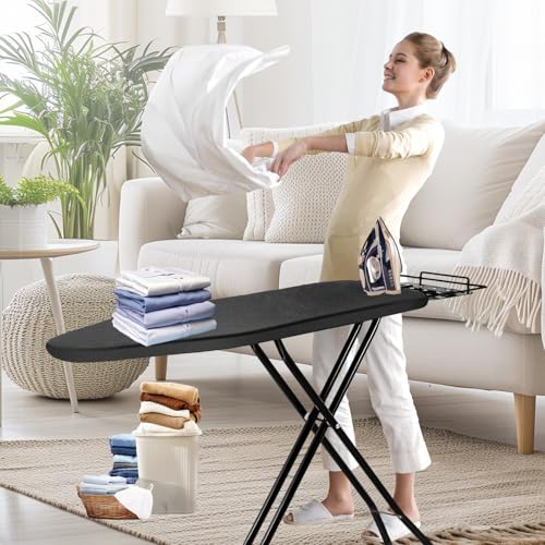 Ironing Board, 43x14 Inch Iron Board with Steam Rest, Heavy Duty Metal Frame Legs Ironing Table with Heat Resistant Cover Mat, Foldable Full Size Hanger Ironing Stand (Black, 52" L x 14" W x 34.6" H) - color: Black