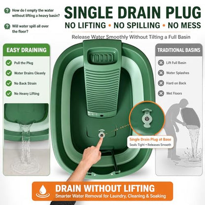 12 Gallon Collapsible Wash Basin with Detachable Washboard, Extra Large Foldable Utility Bucket with Dual Drain Plugs, Portable Household Cleaning Tub for Laundry, Mopping, RV, Camping & Travel