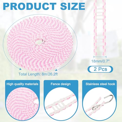 uxcell 2 Pcs Portable Travel Clothesline, 26.2ft Clothes Line Outdoors Travel Hanger Foldable Clothesline Rope with Hooks for Camping Hotel Backyard Home Cruise Ship, Pink - color: Pink, size: 8m/26.2ft