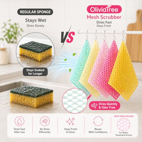 OliviaTree 5 Pack Dish Washing Net Cloths, Quick Dry Mesh Net Scourer Pads