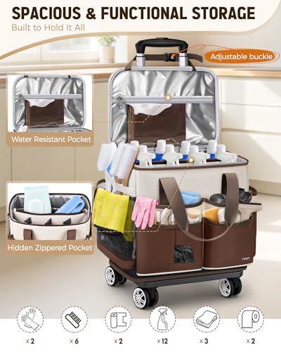 Ytonet Cleaning Caddy with 4 Spinner Wheels, Rolling Cleaning Caddy Bag - color: Beige Brown