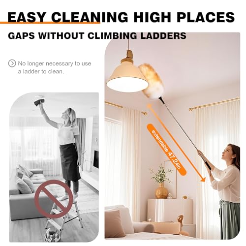 Lambswool Feather Duster with Extension Pole up to 57.5inch,Extendable Feather Duster Used for Cleaning High Ceiling Fan, High Ceilings,Furniture,Hard to Reach Areas - size: 23.6-57.5inch