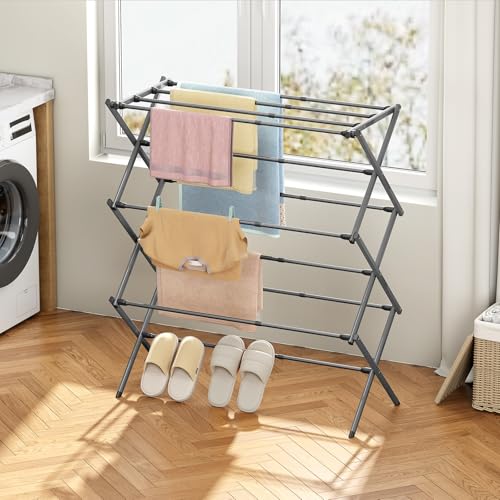 KINGBOARD 3-Tier Extendable Clothes Drying Rack, Small & Foldable, Grey - color: Gray