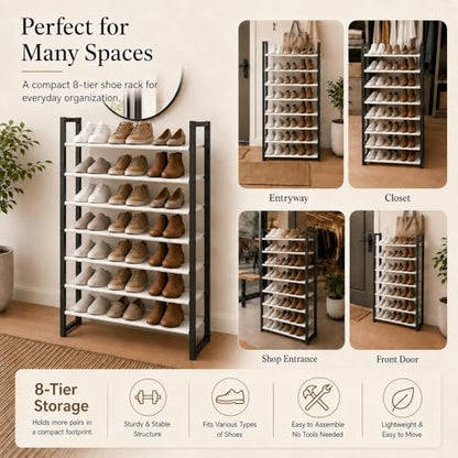 8-Tier Tall Shoe Rack, Stackable Zero-Wobble Metal Frame with Screw-Fastened Joints, 11.8" Deep Heel-Friendly Non-Woven Shelves, Space-Saving Shoe Tower for Closet Entryway Bedroom - size: 8-Tier
