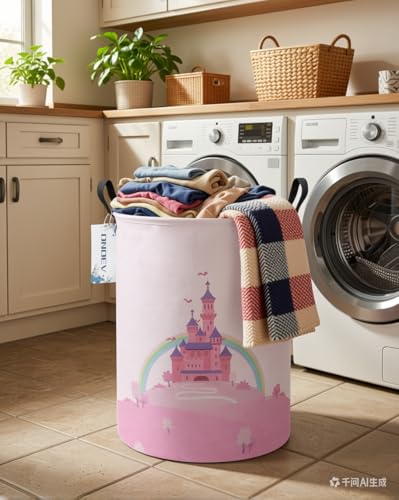 Round Foldable Pink Fairy Castle Laundry Hamper for Teens and Young Adults - color: Round Pink Castle