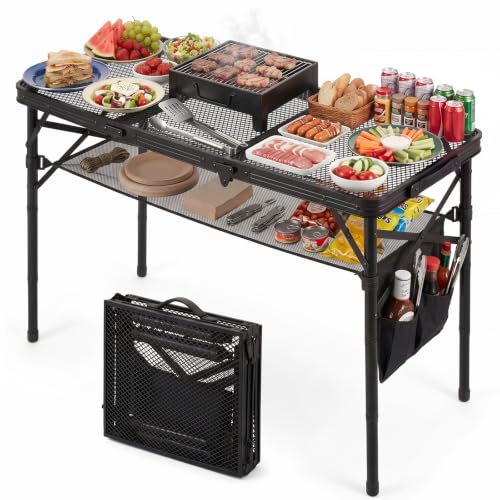 Folding Grill Table, 34"x16" Portable Camping Table with Storage Pocket, Heat Resistant & Waterproof Outdoor Picnic Table, Sturdy Lightweight for Travel Cooking BBQ, Camping, Backyard - size: 34"L x 16"W x 27"H