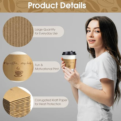 Kochorie 200 Pack Coffee Cup Sleeves Disposable Kraft Paper Coffee Sleeves Corrugated Cup Sleeves Holder Funny Printed Heat Insulation Covers Fits 10-20 oz To-Go Cups for Hot Cold Beverage