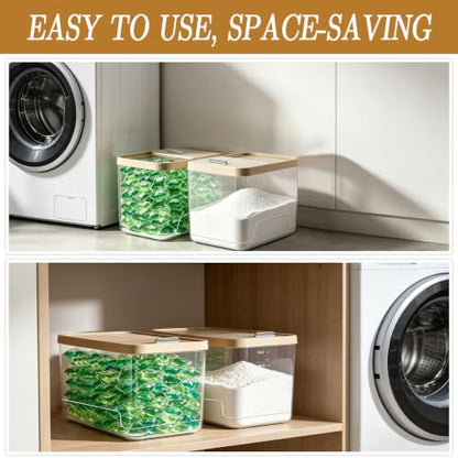 Large Laundry Pods Container with Slide Lid, Laundry Room Organization for Booster Beads with Measuring Scoops, Laundry Pods Holder Powder Container for Scent Booster, Powder, Pods. (2 Pack Clear)