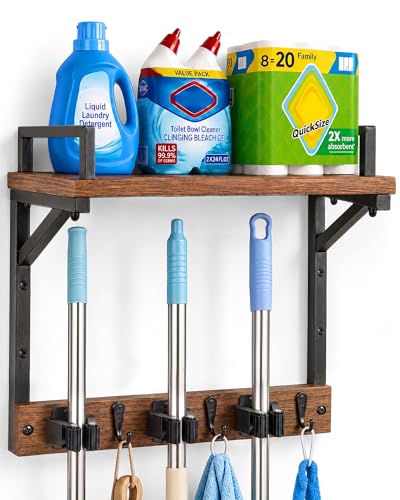 Lorbro Broom Holder Wall Mount with Cleaning Supplies Storage, Heavy Duty - size: Medium