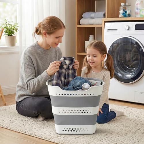 2 Pcs 42L Collapsible Laundry Baskets- Foldable Laundry Basket with Handles, Sturdy Plastic Pop Up Laundry Hamper, Space Saving Storage Container for Wet/Dry Use, Ideal for Home, Dorm, Apartment Grey - color: 2grey