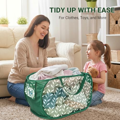 Durable Collapsible Laundry Baskets, Foldable Laundry Basket with Handy Pocket, Mesh Pop Up Clothes Hamper with Reinforced Carry Handles for Laundry, Bathroom, Kids Room, Travel -Leaf Print, Green - color: green
