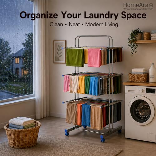 Heavy Duty Foldable Cloth Drying Stand, 3 Tier Mirror Finish Laundry Racks Clothes Stand Cloth Drying Rack Foldable and Movable Large Stainless Steel