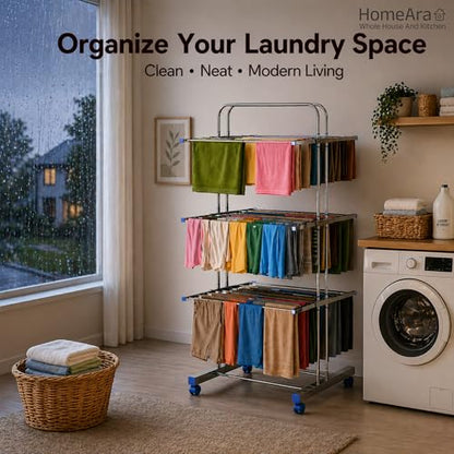 Heavy Duty Foldable Cloth Drying Stand, 3 Tier Mirror Finish Laundry Racks Clothes Stand Cloth Drying Rack Foldable and Movable Large Stainless Steel