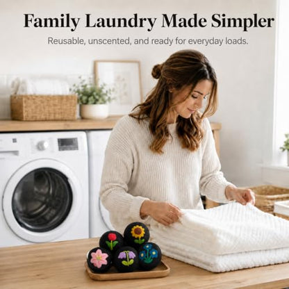 Wool Dryer Balls 6 Pack, New Zealand, Reusable Natural Fabric Softener - color: Black-flower