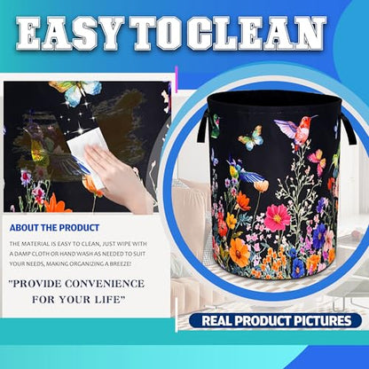 Hummingbird Flowers Laundry Basket Oxford Cloth Butterflies Laundry Hamper - color: Hummingbird Flowers