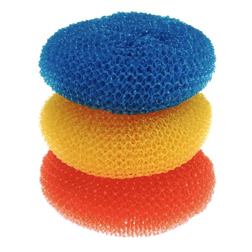 LOLA Plastic Mesh Scouring Pads - 3 Pack, 3.375" x 1.25", Non-Scratch Dish Scrubbers to Clean Dishes, Assorted Colors - Red, Blue & Yellow